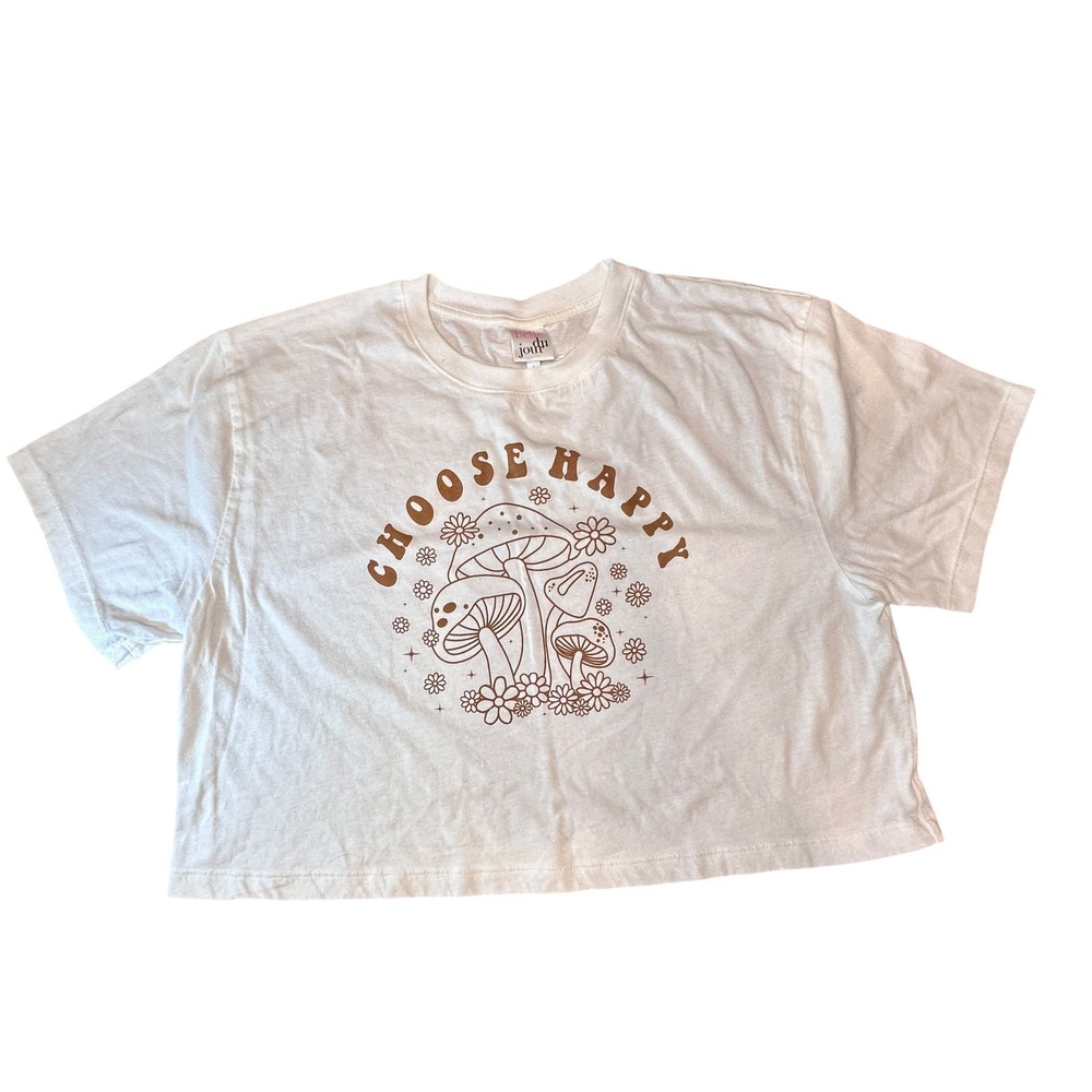 Belle Du Jour Crop Top Women Large White Mushroom Graphic Choose Happy White